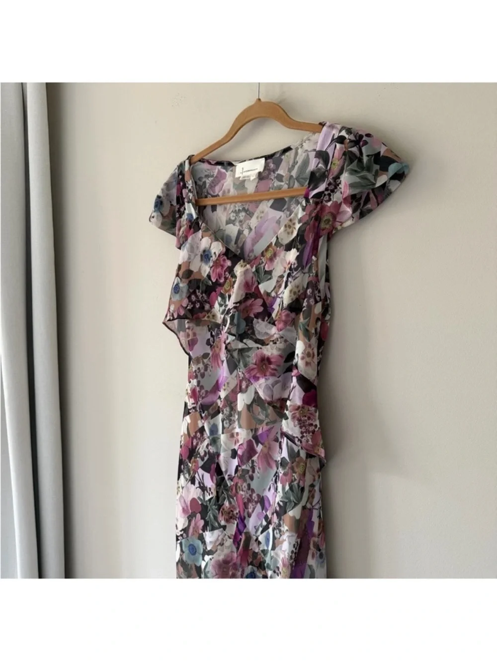 By Anthropologie Floral Ruffle Maxi Dress Asymmetrical Size Small Front Split